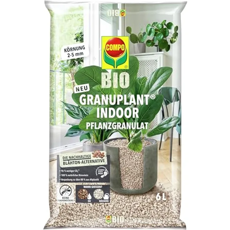COMPO Bio GRANUPLANT Indoor Pflanzengranulat - 100% natürliches Bimsstein - Körnung 2-5 mm - 6 L, nachhaltiges Pflanzsubstrat für optimales Pflanzenwachstum