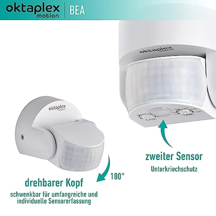 Oktaplex motion Oktaplex Bea Bewegungsmelder Außen IP65 schwenkbar 180° Infrarot-Sensor 12m Reichweite 230V weiß mit Dämmerungssensor – Bild 2