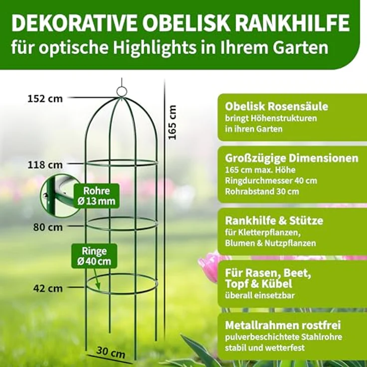 TTL Garden Obelisk Rankhilfe L 165x40cm grün - rostfreies Metall-Rankgitter für Kletterpflanzen und Rosen, pulverbeschichteter Stahl, variabel in der Höhe von 88-165 cm – Bild 2