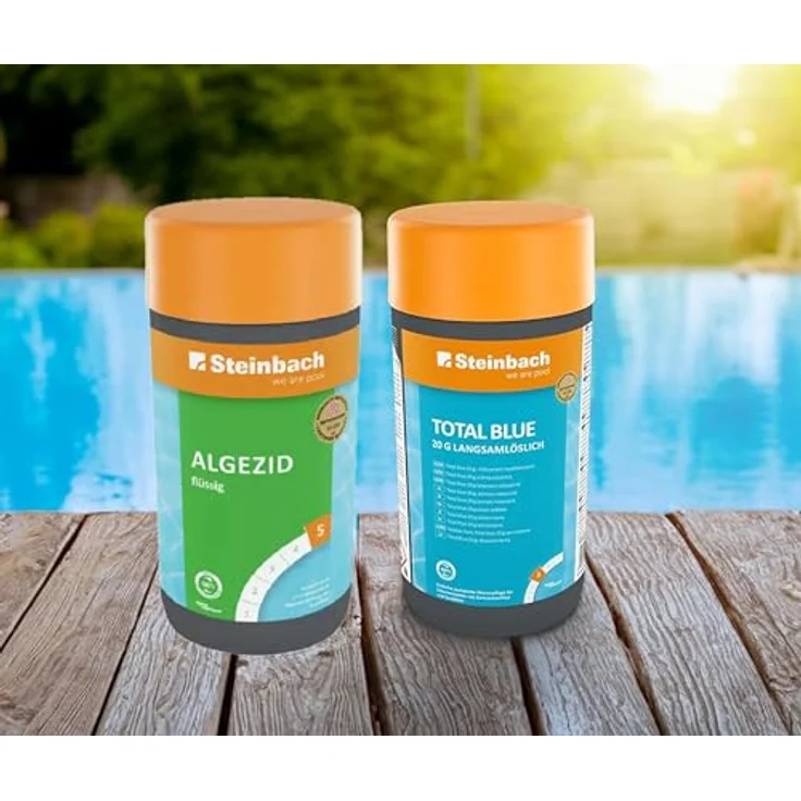 Steinbach Poolpflege Starter-Set, Algezid flüssig + Total Blue Chlor Tabletten, langsamlöslich 20g, für sauberes und kristallklares Poolwasser – Bild 2
