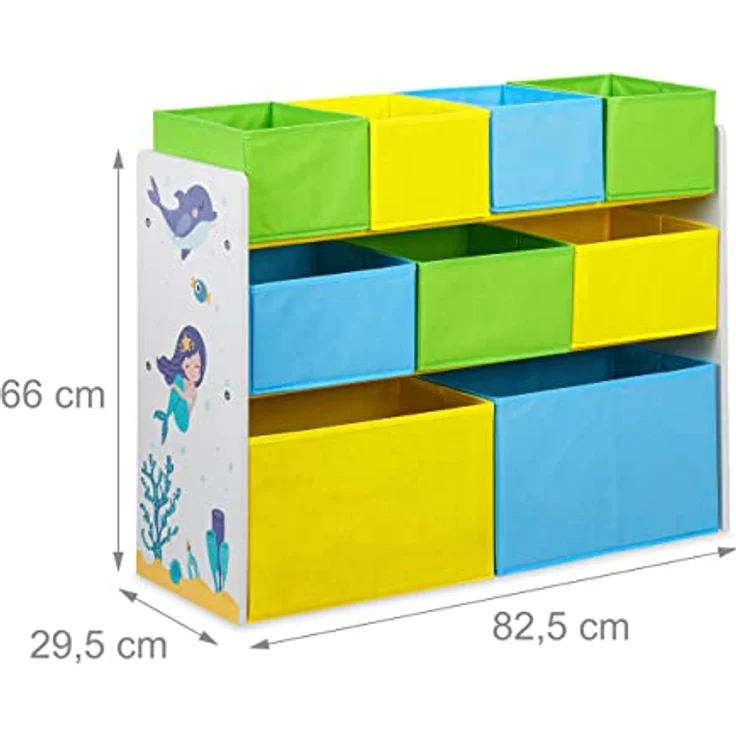 Relaxdays Kinderregal mit 9 Stoffboxen, Meerjungfrau Kindermotiv, Spielzeugregal Organizer HBT 66 x 82,5 x 29,5 cm, bunt, 1 Stück – Bild 4