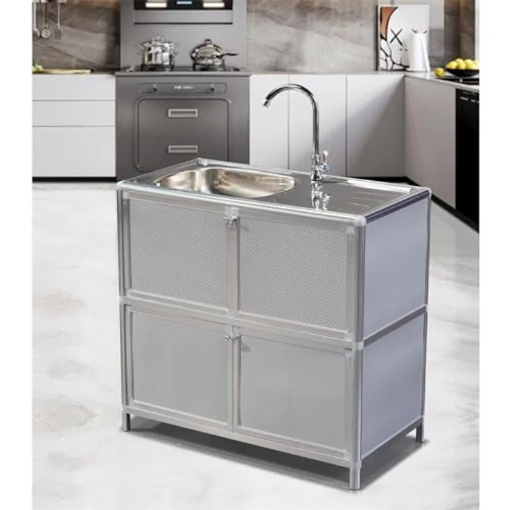 HTI-Living Outdoorspüle L Gerti, freistehender Spültisch aus Aluminium mit Edelstahlspüle und Armatur, perfekt für Restaurant und Camping, silber – Bild 2