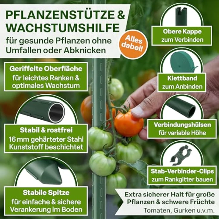TTL GARDEN Rankstäbe 20er Set, grün, 240 cm x 16 mm Ø, extra stabil, mit Klettband und Clips, rostfreier Stahl, für Tomaten und Kletterpflanzen – Bild 3