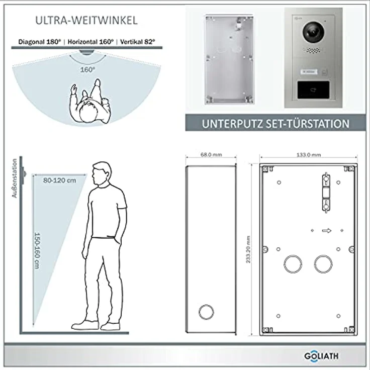 Goliath Intercom 2-Draht BUS Video-Türsprechanlage mit RFID, 2 Monitore, 180° Weitwinkelkamera, Silber, für 2-Familienhaus – Bild 2