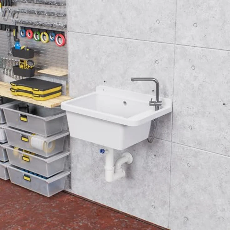 QLS Küchenspüle Gradia, Kunststoff-Spülbecken mit Siphon, 50 x 34 cm, Ausgussbecken für draußen, Garten, Werkstatt – Bild 6