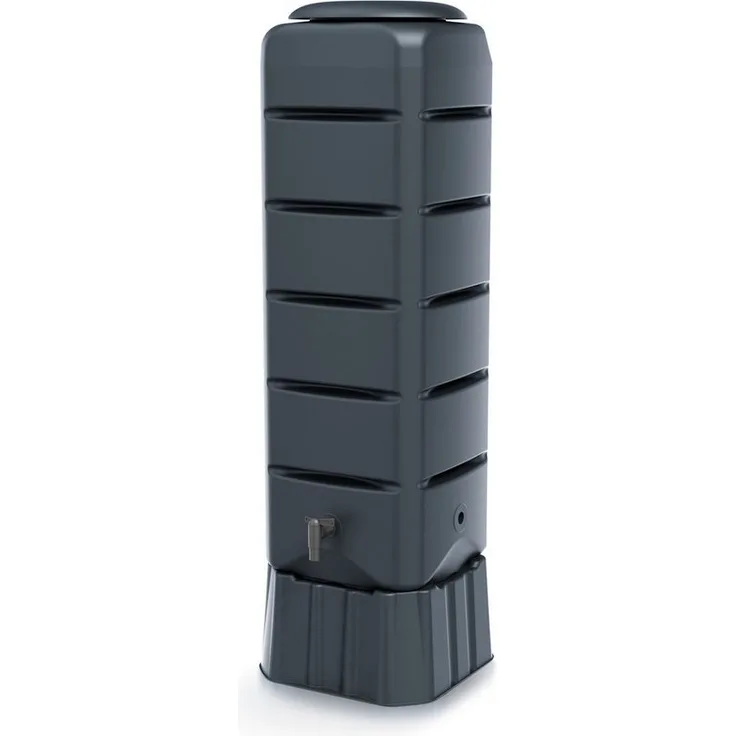 Prosperplast Regentonne Tenso, 120 l, viereckig, anthrazit, Set mit Unterstand und Wasserhahn