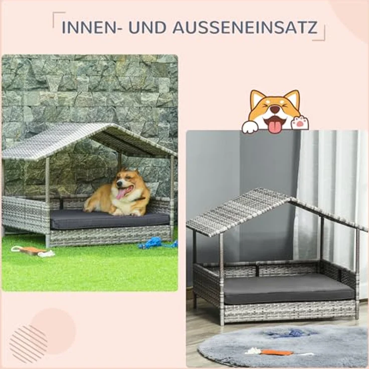 PawHut Rattan Hundehaus mit Kissen, Hundebett im Hausform, Outdoor Hundehütte für kleine, mittlere Hunde, Stahlrahmen, Grau, 69 x 98 x 70 cm - Preisvergleich – Bild 3