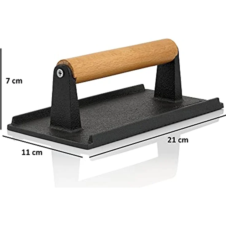 BBQ-Toro 2er Set Gusseisen Fleischbeschwerer 1 kg | 21 x 11 cm | Burger Grillgewicht mit Holzgriff, Burgerpresse – Bild 4