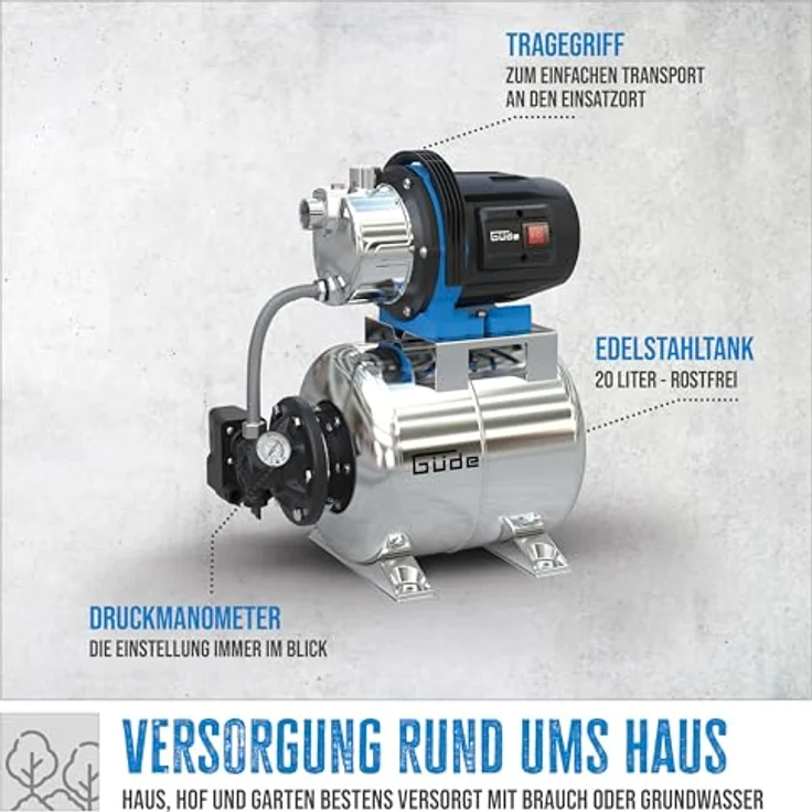 Güde HWW 1000 ES, Hauswasserpumpe mit 1000 W Leistung, 3800 l/h Fördermenge, silber, 20 l Edelstahltank, automatischer Betrieb – Bild 2