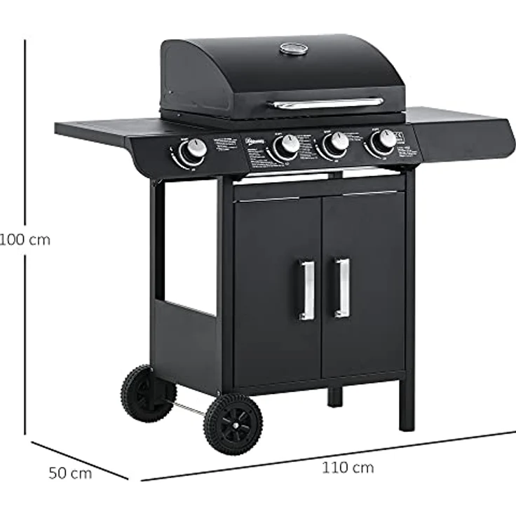 Outsunny Gasgrill BBQ Grillwagen mit 3 Brennern 1 Seitenbrenner Druckminderer Schläuche Schrank Multifunktion Stahl Schwarz 110 x 50 x 100 cm – Bild 3