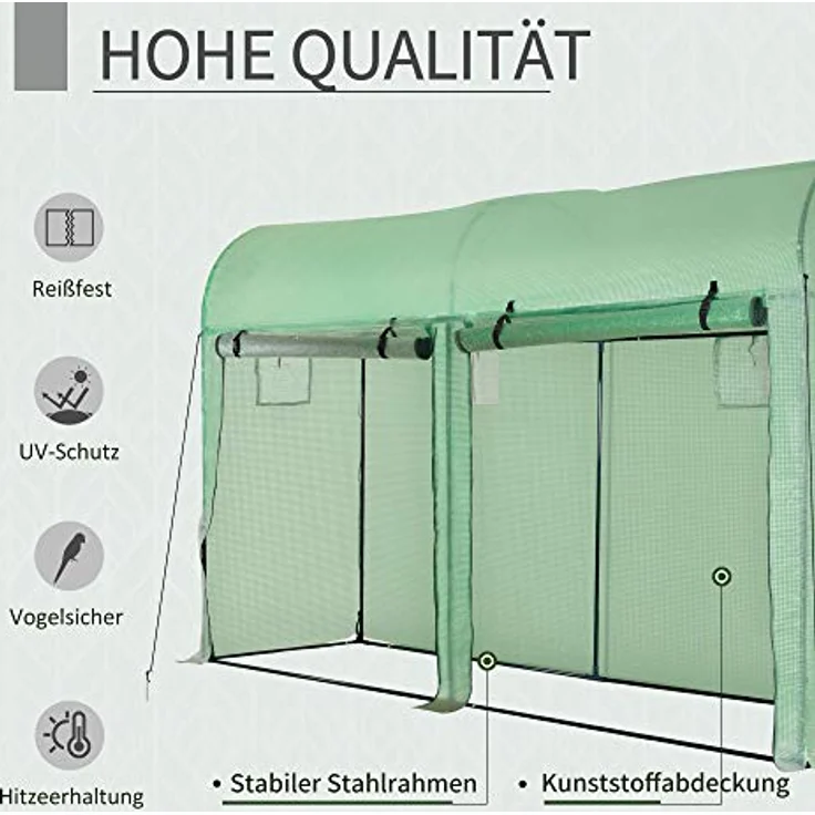Outsunny Foliengewächshaus Tomatengewächshaus Treibhaus Folientunnel Frühbeet 4 Fenster und 2 Türen Grün Stahl PE-Kunststoff 300 x 100 x 200 cm – Bild 4