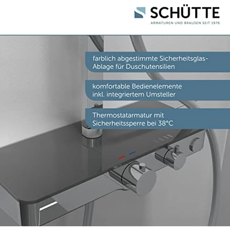 Schütte OCEAN Duschsystem mit Thermostat und Glasablage-Duschset mit 30x30cm, Regendusche mit Wandhalterung und Duschkopf-Duschpaneel Duschsäule in Chrom/Anthrazit 60531 – Bild 3
