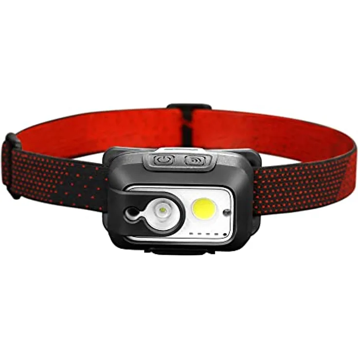 Arcas 30710015 - LED Kopf-Lampe mit 9W, verstellbarem Kopfband und Sensor, wiederaufladbar über USB-Port, Stirn-Lampe mit 6 Leucht-Funktionen, ideal zum Arbeiten, Wandern und Joggen