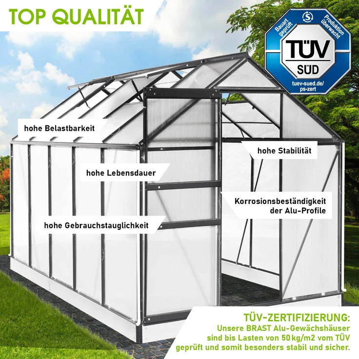 BRAST Gewächshaus Aluminium 310x190x195cm Grau mit Fundament rostfrei TÜV geprüft Alu Treibhaus Glashaus Tomatenhaus – Bild 11