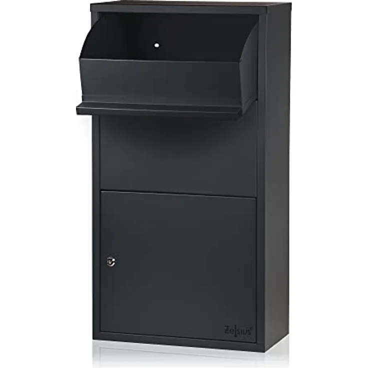 Zelsius Briefkasten mit Paketfach Merkur | pulverbeschichteter Stahl mit Edelstahl Elementen | RAL7016 Anthrazit | integrierte Rückholsperre | Wandmontage | Paketbriefkasten, Paketbox, Parcel Box – Bild 4