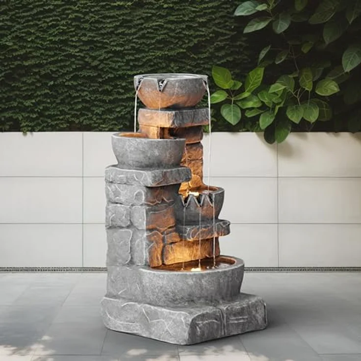 Teamson Home Gartenbrunnen Cascading Bowls, dreistufiges Wasserspiel mit LED-Leuchten, naturgetreue Steinoptik, 39,4 cm L x 38,7 cm B x 84,5 cm H – Bild 6