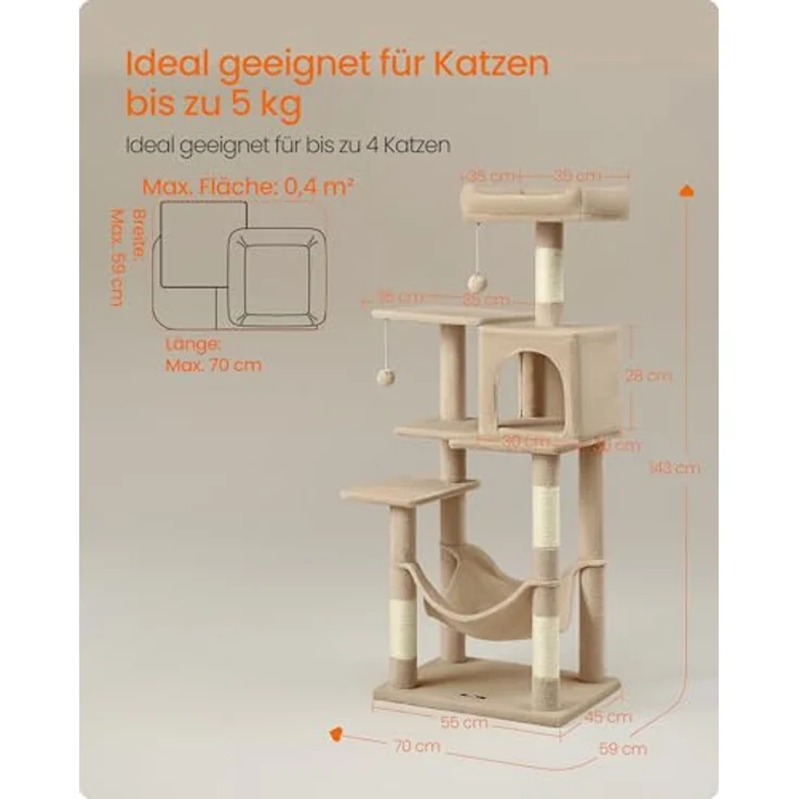 Feandrea Kratzbaum, 143 cm hoch, Katzenbaum, mehrstöckiges Katzenhaus, mit 4 Kratzsäulen, 2 Plattformen, Hängematte, Höhle, Kamelbraun – Bild 5