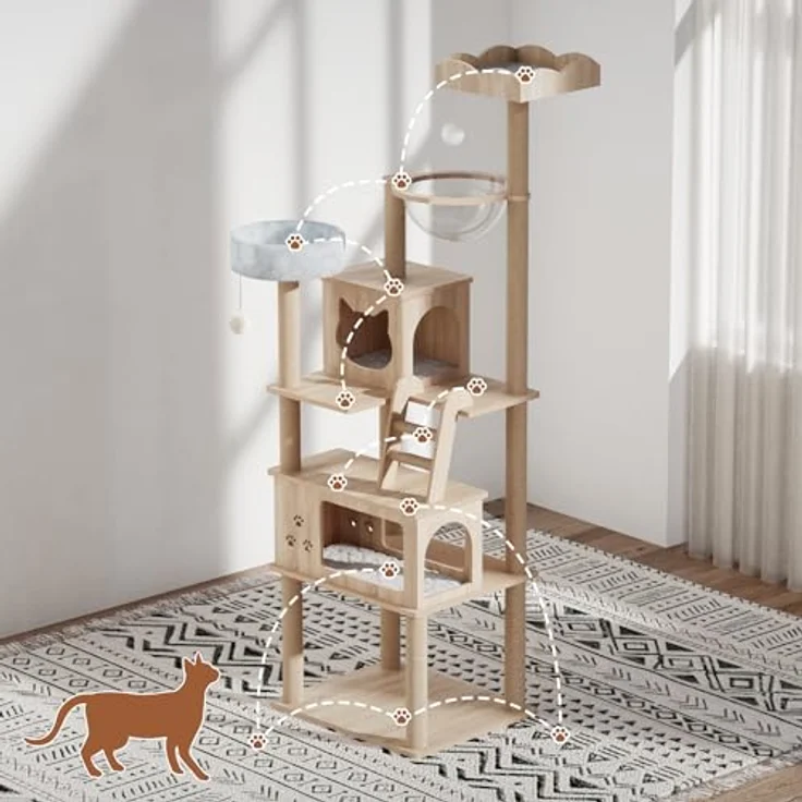 Mondeer Holz Kratzbaum Groß, Katzenbaum mit Zwei Katzenhäusern, mit Herausnehmbaren Plüschkissen und Transparenter Kapsel, Moderner Stil, für Katzen im Haus, 82 x 70 x 185 cm – Bild 3