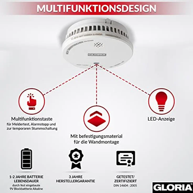 GLORIA R-1 Rauchwarnmelder mit 3 Jahren Garantie und wechselbarer 9V Block Batterie – Bild 2