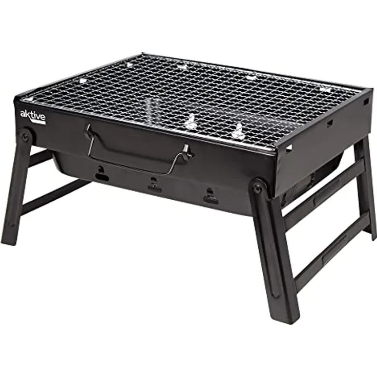 AKTIVE 63031 Tragbarer Holzkohlegrill aus Stahl schwarz und rechteckig, zusammenklappbar, Maße 35 x 27 x 20 cm, mit Griff, leicht zu transportieren, Campinggrill, Terrasse, Balkon