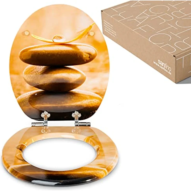 Sanfino WC Sitz Balance, Toilettendeckel aus Holz mit Absenkautomatik und braunem Stein-Motiv, 43,5 x 37,5 cm – Bild 3