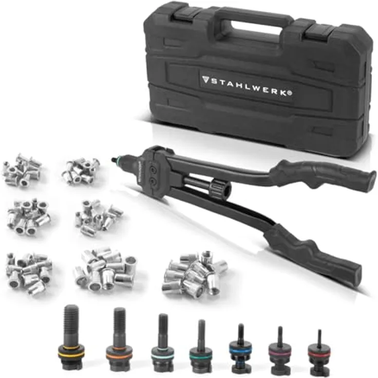 STAHLWERK Blindnietzangen Set NZ-16 ST, Nietzange mit Wechsel-Gewindedorn M3-M12, inkl. 70 Nietmuttern und Koffer