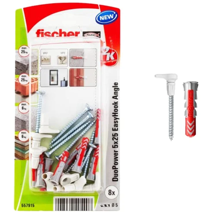 fischer BLISTER 6 ALCAYATAS DUOPOWER EASYHOOK 6X30, verstellbare Wandabstand Dübel für hängende Objekte in verschiedenen Materialien, glasfaserverstärkter Kunststoff, 8 Stück – Bild 1