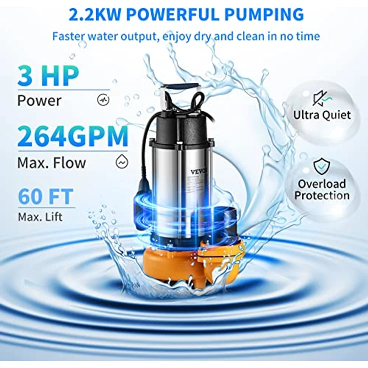 VEVOR Schmutzwasserpumpe Tauchpumpe 2200W, Durchfluss 60000L/h, max. Hub 18m, IPX8, mit variablen Schwimmerschalter – Bild 3