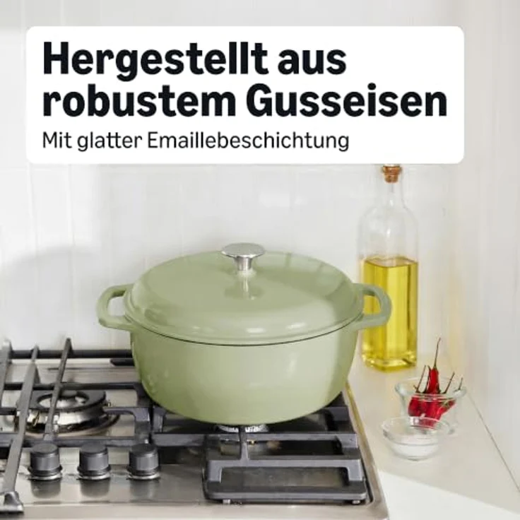 Amazon Basics Rundschmortopf, Emailliertes Gusseisen, 4,1 L, Olivgrün, mit Deckel, Backofenfest bis 260 °C, geeignet für Induktion – Bild 5