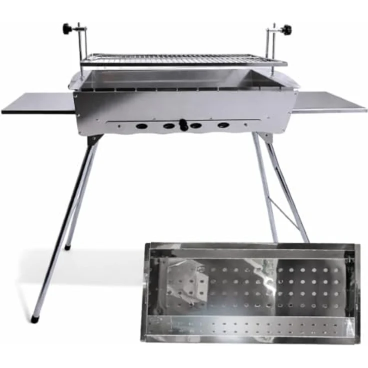 GOROCH Mangal Astana, Edelstahl 2mm Schaschlikgrill mit höhenverstellbarem Grillrost und klappbaren Ablagen, 55x27 cm Grillfläche – Bild 2