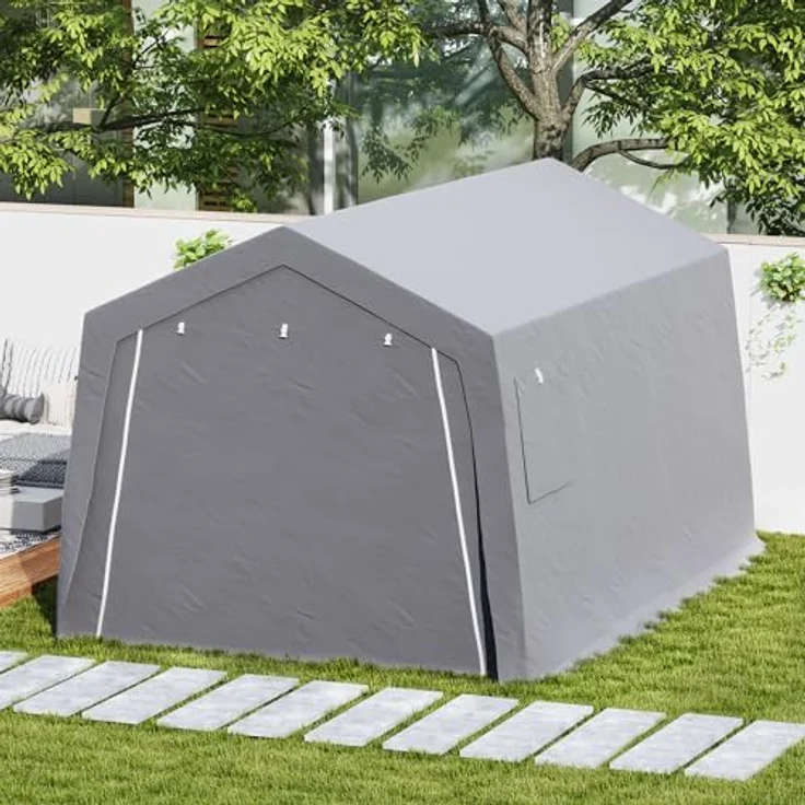 Outsunny Gerätehaus mit Satteldach, wasserdichtes Gerätezelt aus UV-beständigem PE-Gewebe, hellgrau, 300 x 447 x 255 cm, mit Türen und Fenstern – Bild 9
