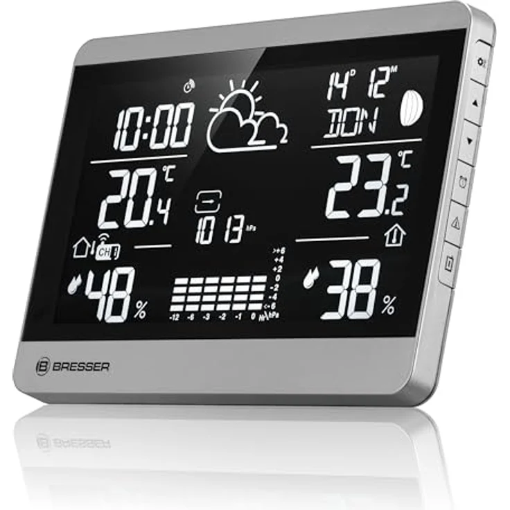 Bresser Funk-Wetterstation ClimateTemp NDH-NEO, Außensensor, Temperatur- und Luftfeuchtigkeitsanzeige, Wettervorhersage, Frostwarnung, Querformat, Silber/schwarz – Bild 3