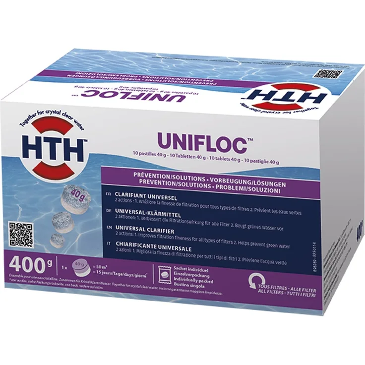 HTH UNIFLOC 400g Flockungsmittel, 40g Tabletten zur Entferung von Schmutzpartikeln im Pool, langanhaltende Wirkung, alle Wasserhärten