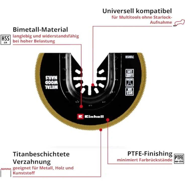 Einhell BiM-TiN-Sägeblatt, halbrund, Ø 88 x 0,6 mm, titanbeschichtete Zähne und Schnellwechselfunktion – Bild 2