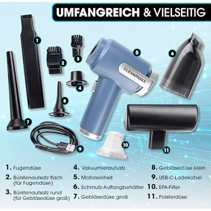 CLEANmaxx 2in1-Akkusauger mit Saug- & Gebläsefunktion, kabellos, EPA-Filter, 5 kPa Saugleistung, 400 g leicht, inkl. 8-teiligem Zubehörset – Bild 7