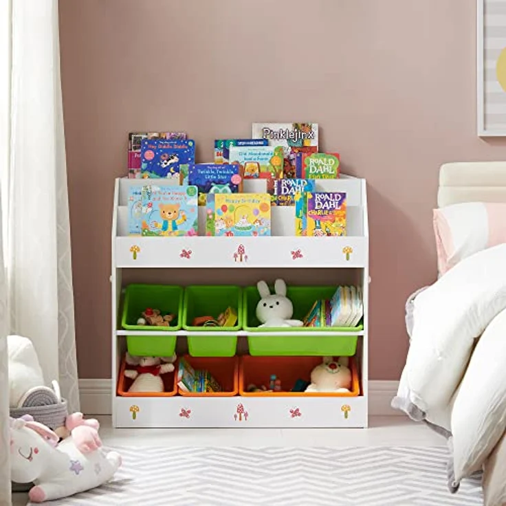 SONGMICS Aufbewahrungsschrank für Kinder, 3-stöckiges Bücherregal und 6 herausnehmbare Behälter für Kinderzimmer, Kindergarten, Mehrfarbig, weiß, GKR44WTV1 – Bild 3