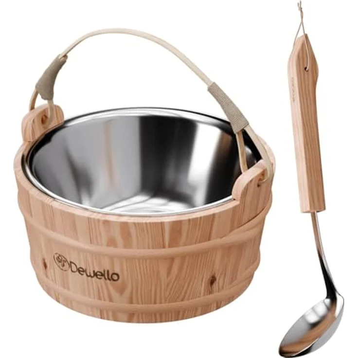Dewello® Saunaeimer Set mit Kelle, 3 Liter fasst, Hemlock-Holz mit Bambusstreben, Hygienischer Edelstahleinsatz, robust und langlebig – Bild 1
