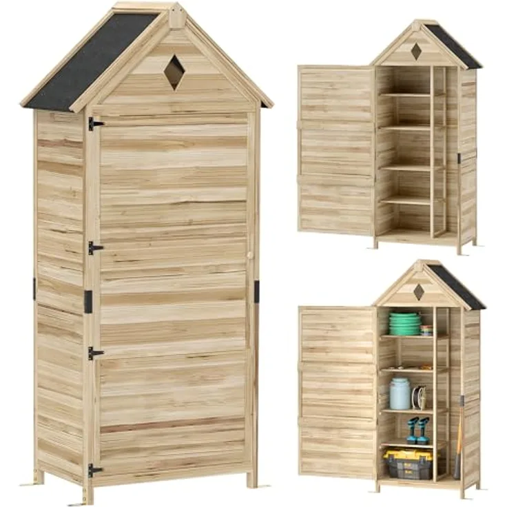 Outsunny Gartenschrank Holz, wasserdichtes Gerätehaus 80 x 49 x 170 cm mit Satteldach und 4 Regalen, wetterfester Geräteschuppen für Garten und Rasen
