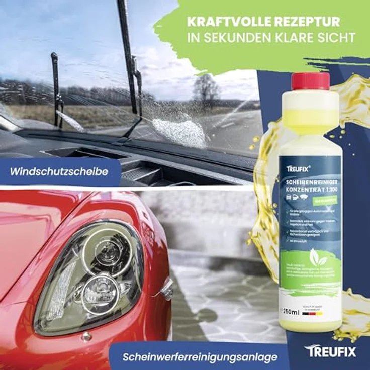 Treufix Scheibenwischwasser Konzentrat 250ml, Premium Scheibenreiniger für alle Scheibenwaschanlagen & Scheinwerfer-Reinigungsanlagen, frostbeständig, Made in Germany – Bild 2