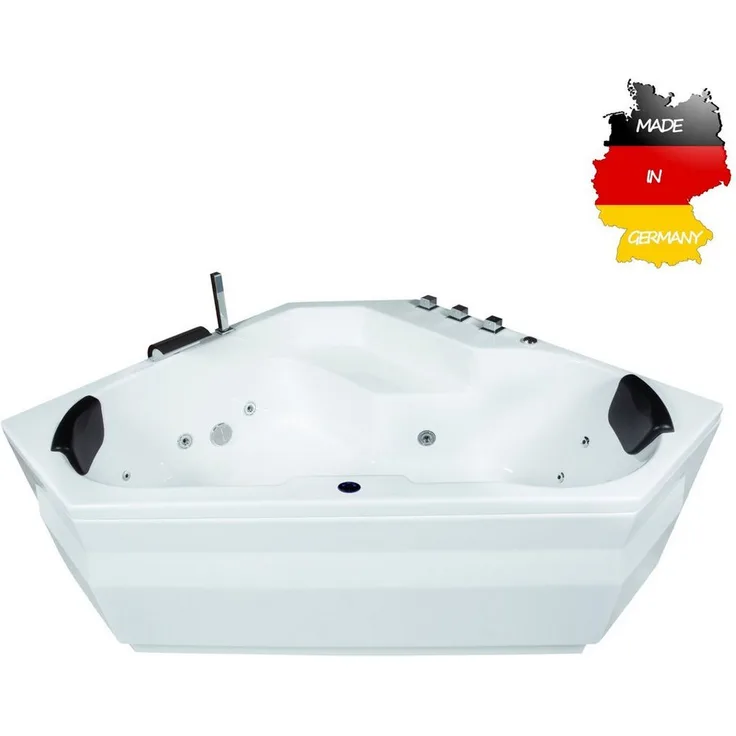 Basera® Whirlpool-Badewanne Capri 145 x 145 cm, Komplett-Set, LED, 12 Massagedüsen, Wasserfall - Hochglanz Weiß
