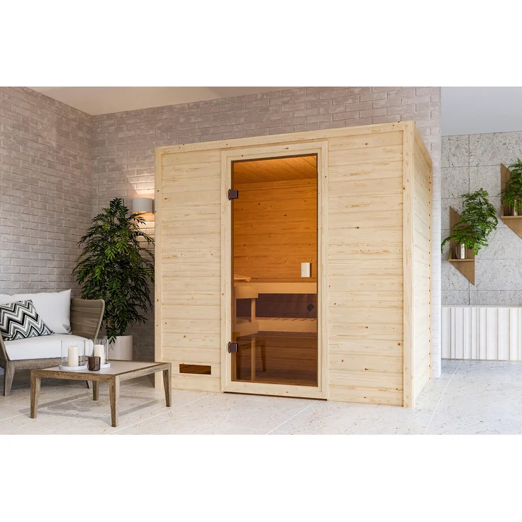 Karibu Sauna Innensauna Selena, Fronteinstieg mit 9 kW Bio-Ofen, externe Steuerung, bronzierte Ganzglastür, Maße 195x145x187 cm, ohne Dachkranz