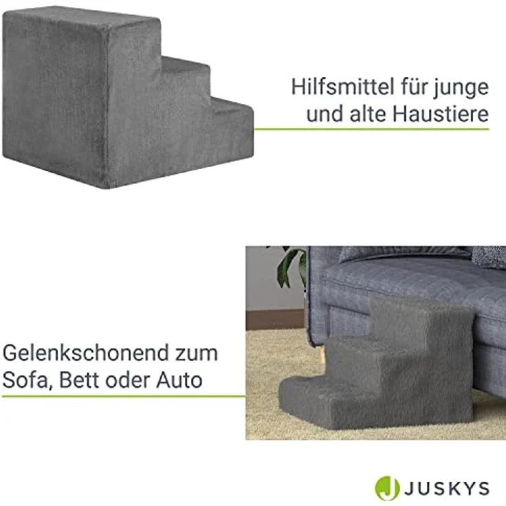 Juskys Haustiertreppe Hundetreppe 36 cm - Treppe 3 Stufen Plüsch-Bezug waschbar - Katzentreppe Hunderampe für Bett, Sofa, Couch und Auto - Bezug Grau – Bild 4