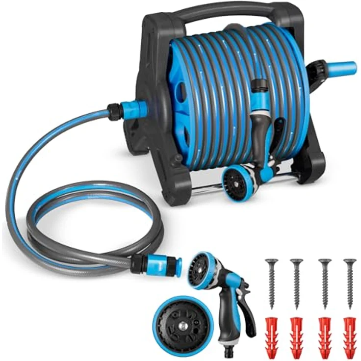 Juskys Schlauchtrommel Basic, 30 m, Multifunktionsbrause, 10 Funktionen, diverse Adapter, Blau/Dunkelgrau – Bild 2