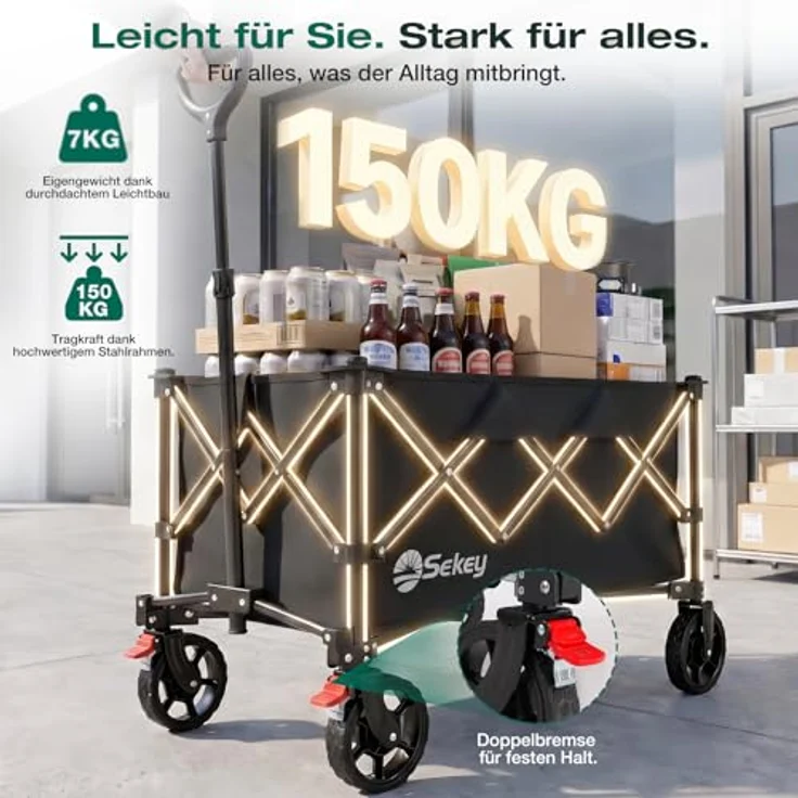 Sekey Faltbarer Bollerwagen XXL 135L, 150KG belastbar, klappbar mit Geländereifen und Bremse, patentierter 4-Wege-Sofortaufbau, Schwarz – Bild 5