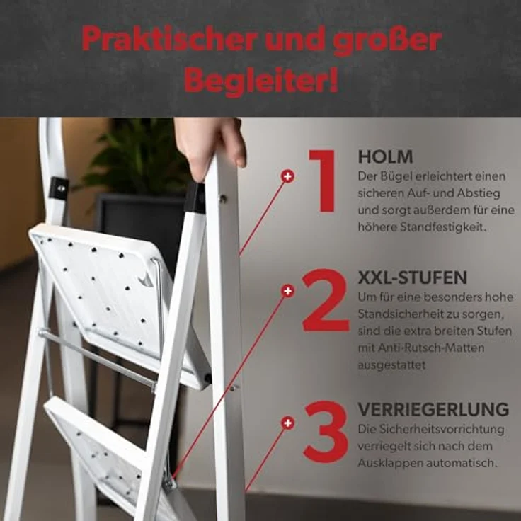siwitec Klapptritt aus Stahl mit 3 Stufen, Weiss, kleine Leiter mit Anti-Rutschmatten, 150 kg Traglast, TÜV/GS Zertifiziert,Klappleiter, Tritthocker – Bild 3
