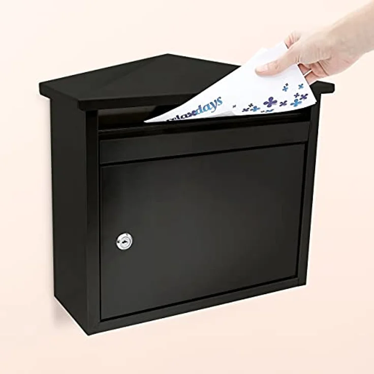 Relaxdays Briefkasten aus Eisen, abschließbar mit Spitzdach, wetterfest, schwarz, HBT 37 x 41 x 16 cm – Bild 2