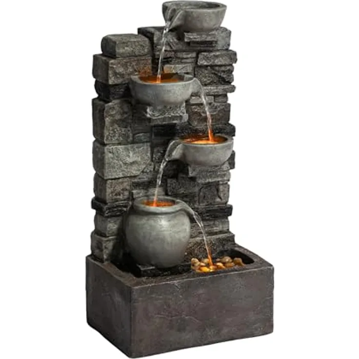 Teamson Home Gartenbrunnen, 4-stufiger Kaskadenbrunnen mit LED, Polyresin grau, H72 cm
