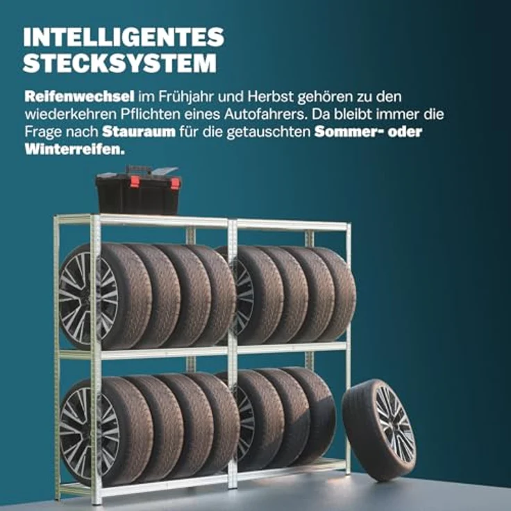 monzana Schwerlastregal, 2x Reifenregal für bis zu 8 Reifen, 795 kg Tragkraft, 3 höhenverstellbare Ebenen, vollverzinkte Stahlkonstruktion, inkl. Gummischutz, 180x120x40cm – Bild 2