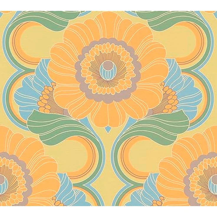A.S. Création Retro-Tapete 70er Jahre, Vliestapete Vintage mit Blumenmuster in Gelb, Grün, Orange, 0,53 x 8,5 m, Made in Germany, Rapport 56 cm – Bild 2