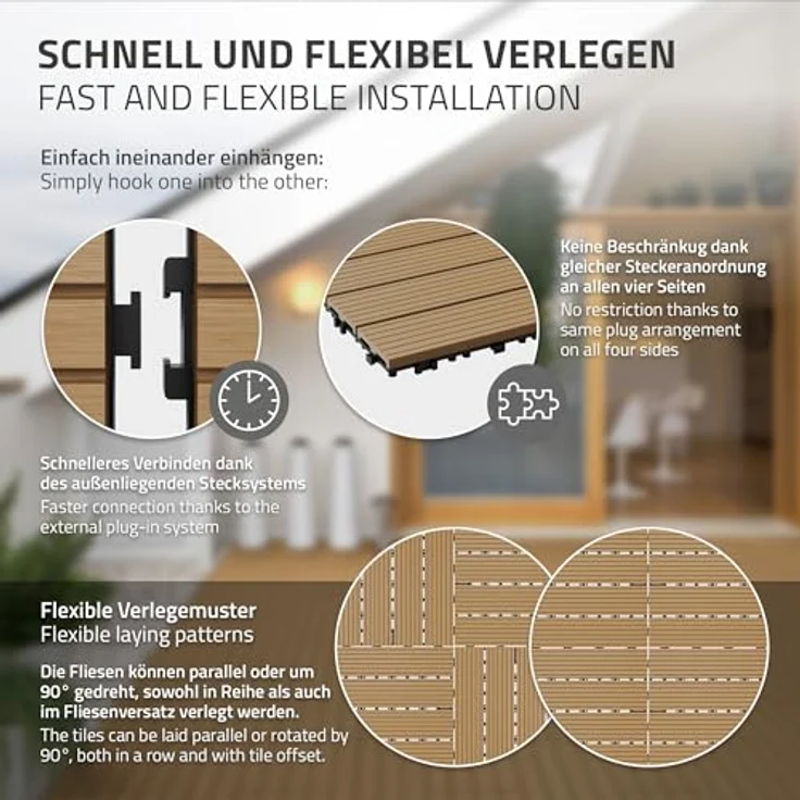 ECD Germany WPC Terrassenfliesen 60x30 cm 24er Spar Set für 4m² Teak in Holzoptik für Garten Balkon Bodenbelag mit Drainage und Klicksystem Terrassendielen Balkonfliesen Klickfliesen Holzfliesen – Bild 6
